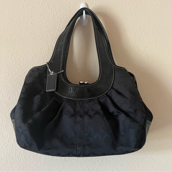 COACH Black Logo Canvas with Patent Leather Trim Shoulder Kiss-lock Satchel - Picture 2 of 12